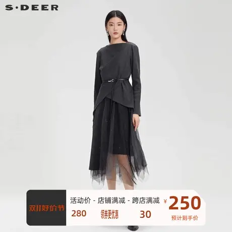 S·DEER圣迪奥女装网纱撞色针织吊带连衣裙套装S223Z1415商品大图