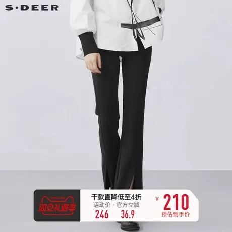 sdeer圣迪奥复古时尚高腰修身开衩喇叭黑色长裤S21380805👘商品大图