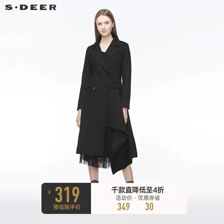 sdeer圣迪奥女装平驳领双排扣插袋不规则黑色毛呢大衣S19481857📉商品大图