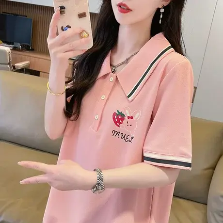 正肩polo领小个子短袖t恤女夏季韩版宽松大码女装设计感小众上衣商品大图