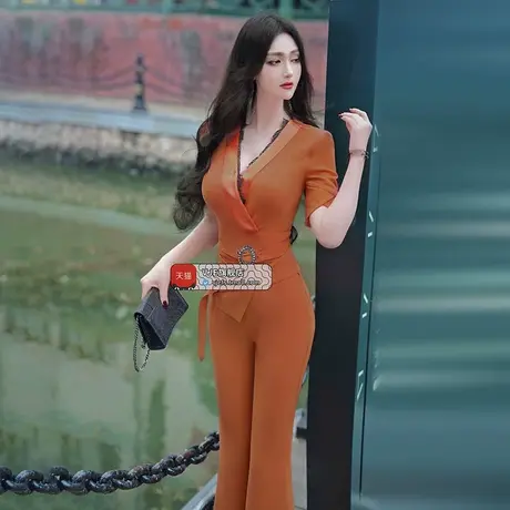 VJE夏装帅气修身微喇叭连体衣新款设计感蕾丝花边高端连体裤商品大图