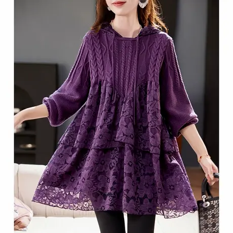 宝诗黎连帽蕾丝拼接长袖毛衣2025春季设计感气质百搭针织上衣女图片