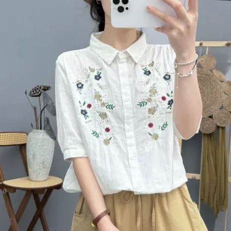 夏季森系文艺双层棉纱中袖衬衫女半袖宽松刺绣花朵纯棉柔软五分袖商品大图