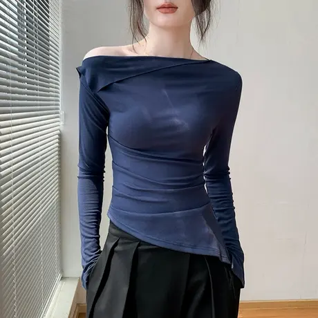 歌倍尚藏蓝色法式长袖T恤女2025春季新款洋气修身小香风露肩上衣图片