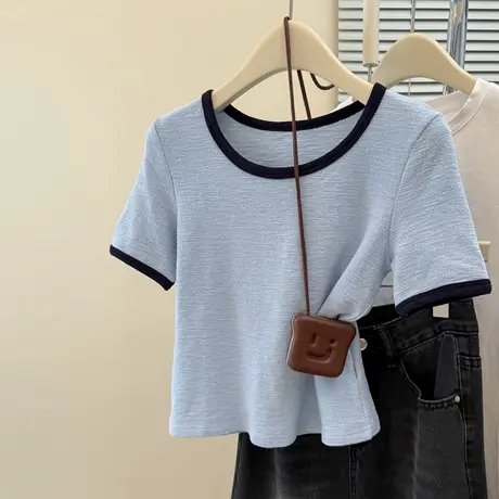 撞色褶皱肌理感短袖T恤女夏季韩版修身小个子短款U领正肩上衣半袖图片
