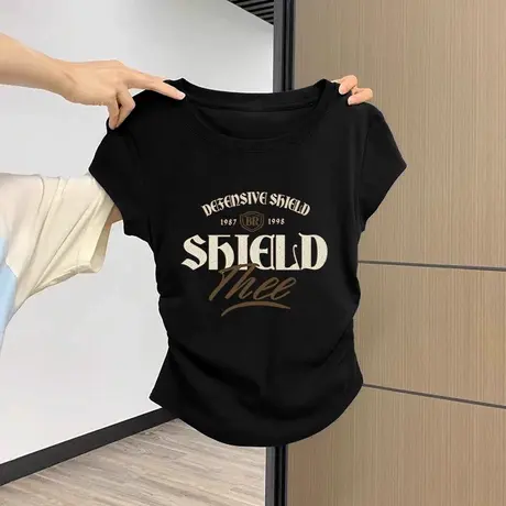 洋气复古chic黑色短袖T恤女夏修身显瘦褶皱设计感ins大码短款上衣商品大图