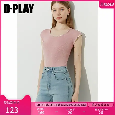 DPLAY【惠品】2025年夏季新款粉色上衣女独特修身短袖针织衫t恤商品大图