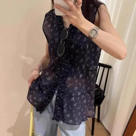 复古碎花V领无袖雪纺衬衫女设计感小众夏日漂亮小衫木耳花边上衣商品大图
