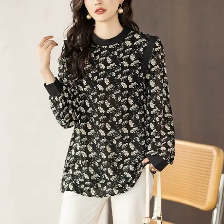 雪纺衫女长袖春秋新款大码女装宽松中老年妈妈中长款洋气碎花上衣商品大图