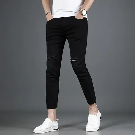 2024夏季新款黑色破洞九分牛仔裤男修身小脚轻薄款弹力男士裤子图片