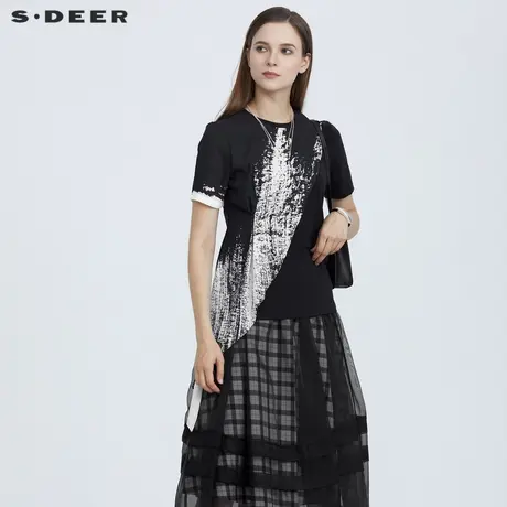 sdeer圣迪奥夏季休闲圆领泼墨印花拼接短袖T恤S21280158图片
