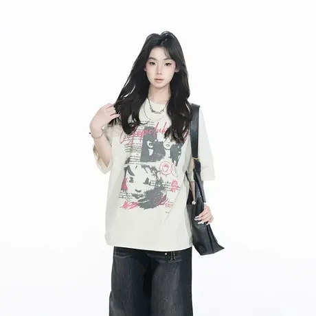 YEP2025春夏新款人像涂鸦情侣T恤潮酷街头艺术感复古风宽松上衣图片