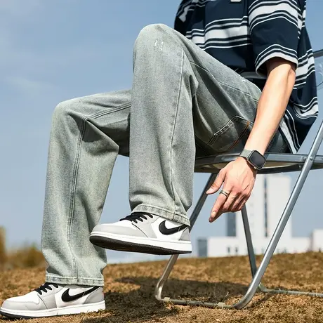 唐狮春夏新款男牛仔裤宽松阔腿复古直筒裤美式潮流显瘦裤子男图片