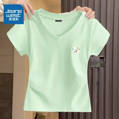HG真维斯V领t恤女休闲风抗菌体恤2025新款夏季小个子通勤轻薄短袖商品大图