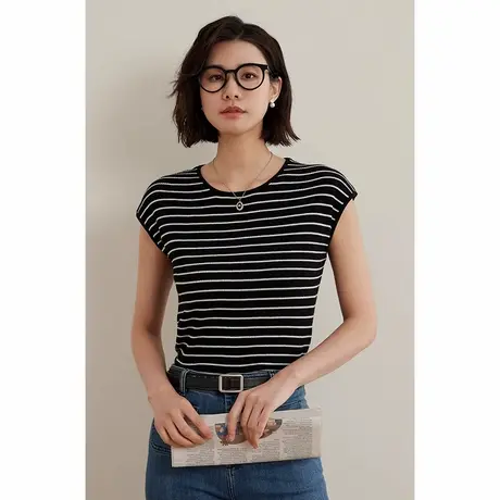 弥古黑白条纹减龄毛衫短袖t恤女上衣2025春季新款修身圆领针织衫商品大图