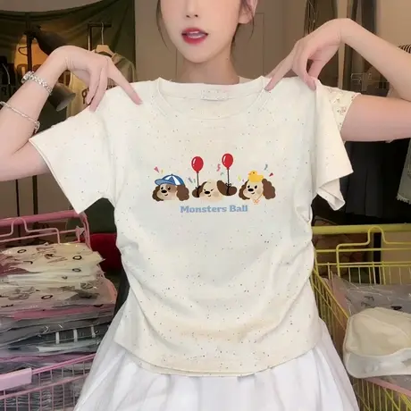 甜妹风洋气褶皱收腰短袖t恤女2025新款夏季彩虹波点正肩圆领上衣商品大图