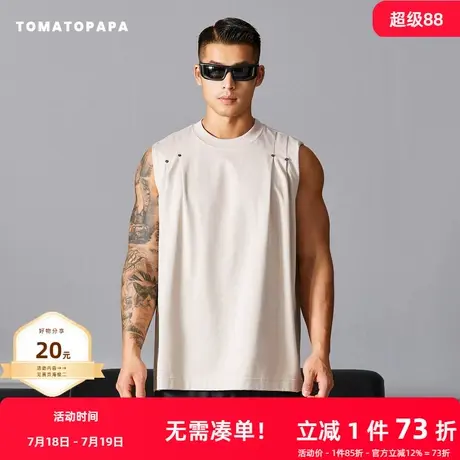 TOMATOPAPA美式背心宽松男士双褶撞钉设计感运动纯色无袖T恤休闲图片