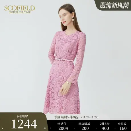 Scofield女装秋季新款通勤仙女风优雅蕾丝钩花镂空收腰长袖连衣裙商品大图