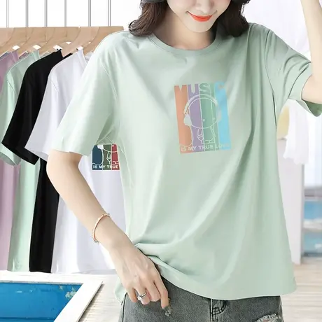 2024年新款夏季印花短袖宽松t恤女纯棉百搭圆领半袖体恤女上衣图片