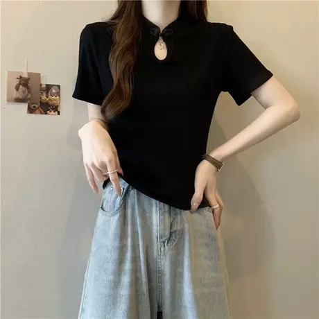 半高领短袖T恤女新中式国风盘扣设计感上衣 夏季修身短款打底小衫图片