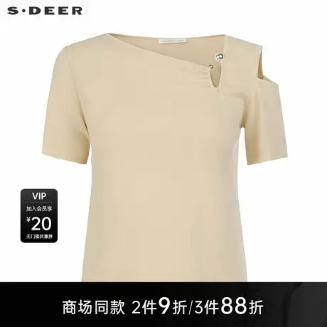 【商场同款】sdeer圣迪奥女OL风不规则领露肩短袖针织衫S25283522图片