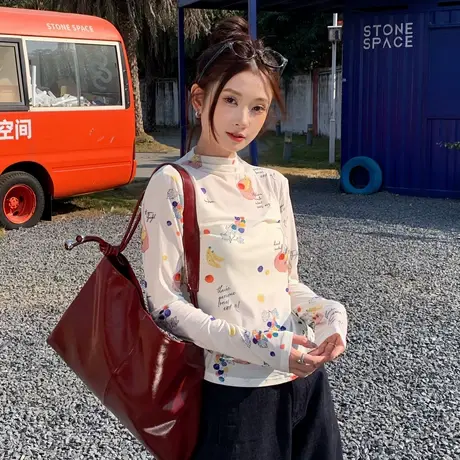 尔给T恤打底衫长袖半高领印花T恤女25春新款设计感小众薄款上衣商品大图