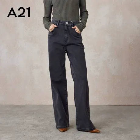 A21女装高腰阔腿长裤春秋季复古深色休闲百搭直筒牛仔长裤显高图片