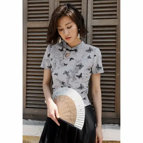 弥古新中式女装夏季黑色印花修身短袖t恤设计感收腰气质国风上衣图片