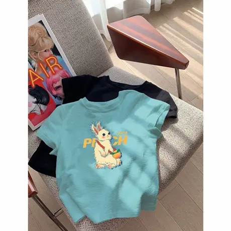 湖蓝色兔子印花正肩短袖t恤女夏季圆领卡腰小衫短款洋气修身上衣商品大图