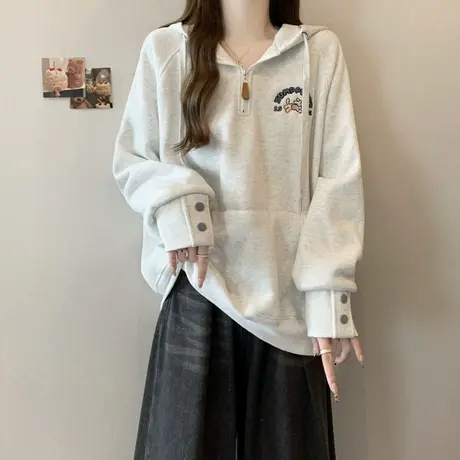 刺绣连帽卫衣女春秋薄款宽松2025新款韩版半拉链长袖上衣外套慵懒图片