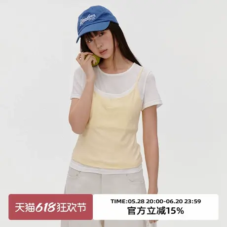 omont蛋挞家 复古假两件短袖T恤2025春圆领轻薄正肩修身显瘦上衣商品大图