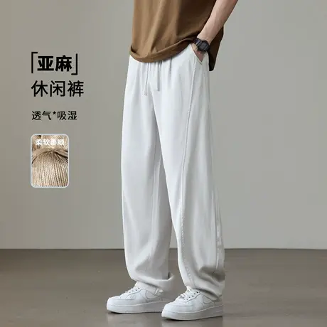 薄款亚麻透气休闲裤男士2025夏季新款宽松大码纯色拼接抽绳长裤子商品大图