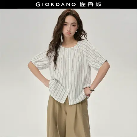 设计师款佐丹奴条纹衬衫女泡泡纱宽松圆领插肩短袖衬衫女18345212商品大图