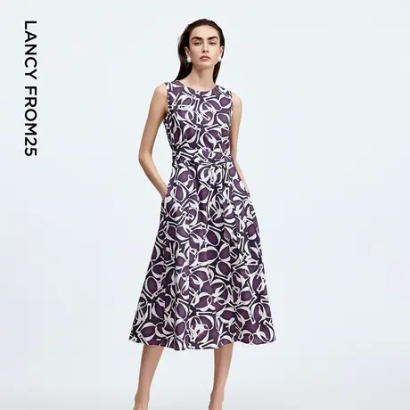朗姿纯棉法式复古印花无袖高级感收腰显瘦气值2024年夏新款连衣裙商品大图