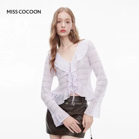 MISSCOCOON可可尼浪漫紫色上衣女2025秋季新款抽绳喇叭袖针织衫商品大图