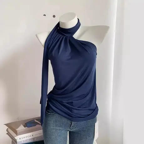 挂脖飘带不规则背心上衣优雅性感女人味紧身显瘦背心女图片