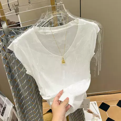 露锁骨v领短袖t恤女夏季设计感小众紧身辣妹纯欲无袖上衣掐腰小衫商品大图