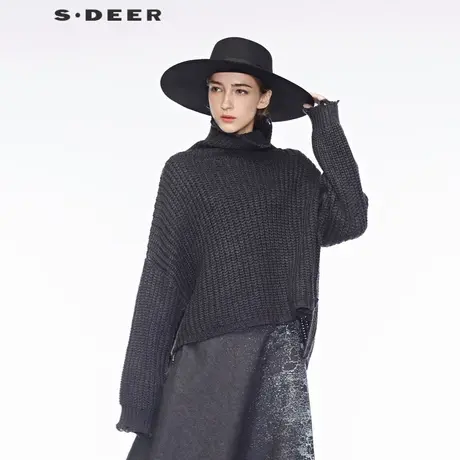 sdeer 🤖圣迪奥女装落肩长袖前短后长慵懒感高领毛衣S18383539商品大图