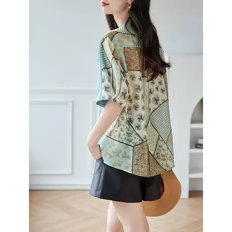 宝诗黎圆领印花拼接短袖T恤女2025夏季新款时尚宽松减龄雪纺衫潮商品大图