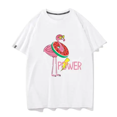 国潮夏季新款火烈鸟动漫创意ins情侣T恤时尚潮牌圆领纯棉短袖打底图片