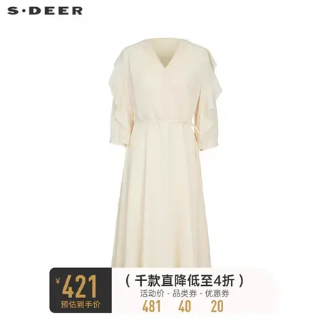 sdeer圣迪奥女装V领荷叶边收腰长袖连衣裙S233Z1288👹商品大图