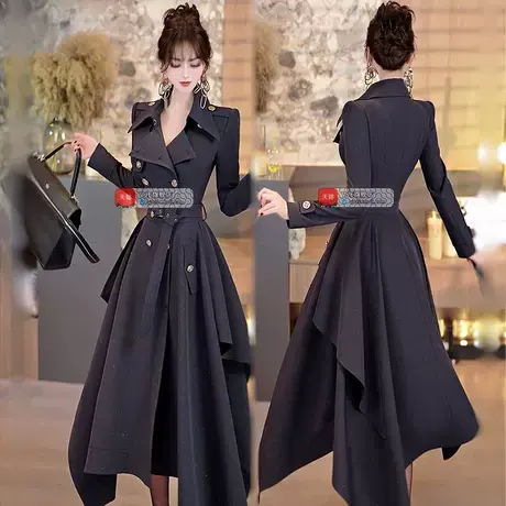 VJE春季双排扣风衣式过膝长裙2025新款时尚小众中长款风衣外套图片