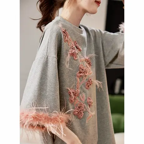 宝诗黎中长款刺绣钉钻拼接中袖T恤2025夏季宽松洋气百搭棉质上衣图片