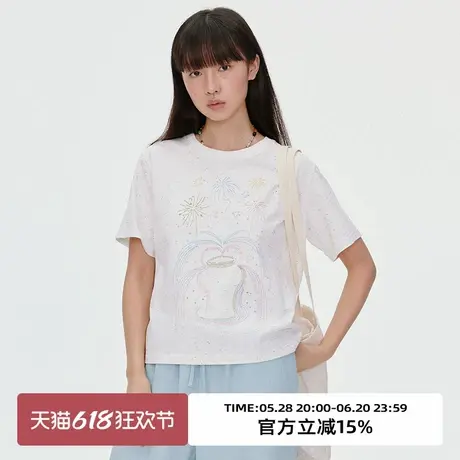 omont蛋挞家彩色喷泉绣花短袖T恤2025夏季圆领宽松休闲半袖上衣女商品大图
