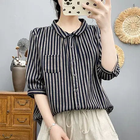 夏季韩版文艺小清新条纹双层棉纱中袖白衬衫女宽松休闲五分袖上衣商品大图