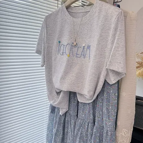 凉快正肩明线字母立体装饰雪花棉短袖T恤女薄 白色灰色体恤上衣商品大图