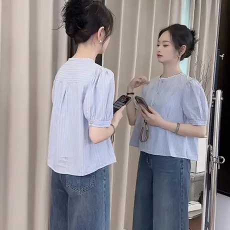 法式条纹花边圆领短袖衬衫女2025夏季新款百搭显瘦泡泡袖小衫上衣商品大图