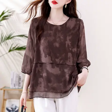 雪纺衫女短袖夏季新款加大码女装宽松中年妈妈洋气中长款显瘦上衣商品大图