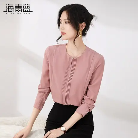 海青蓝秋季新款长袖雪纺衬衫女上衣时尚洋气显瘦百搭套头小衫商品大图