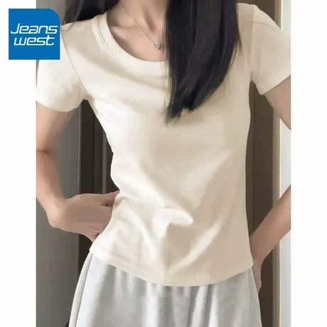 KV真维斯紧身短袖女士新款2025夏日正肩t恤杏色休闲体恤内搭上衣商品大图